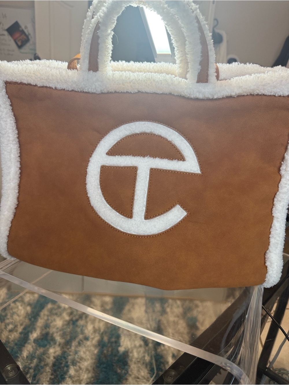 Telfar Chestnut Tote with White Shearling Logo Trim - Picture 4 of 4